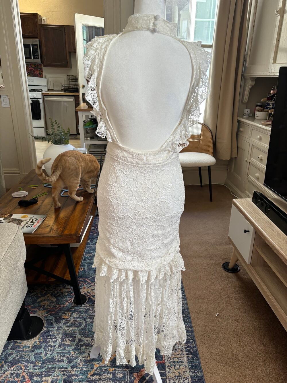 Nightcap Clothing White Lace Maxi Dress Size M Ruffle Cap Sleeve High Low Boho